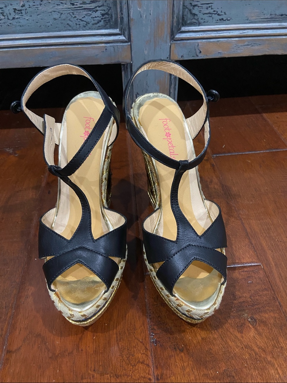 Christian Louboutin wedges : black with leopard and gold heel